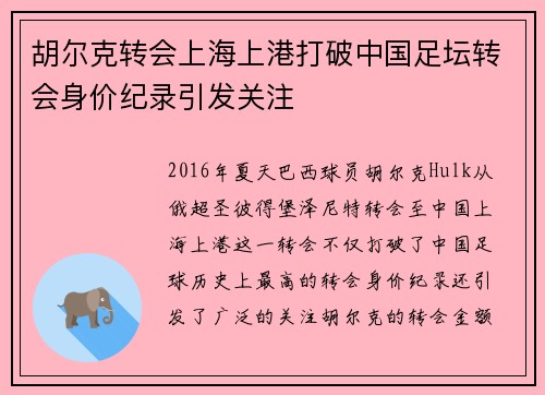 胡尔克转会上海上港打破中国足坛转会身价纪录引发关注